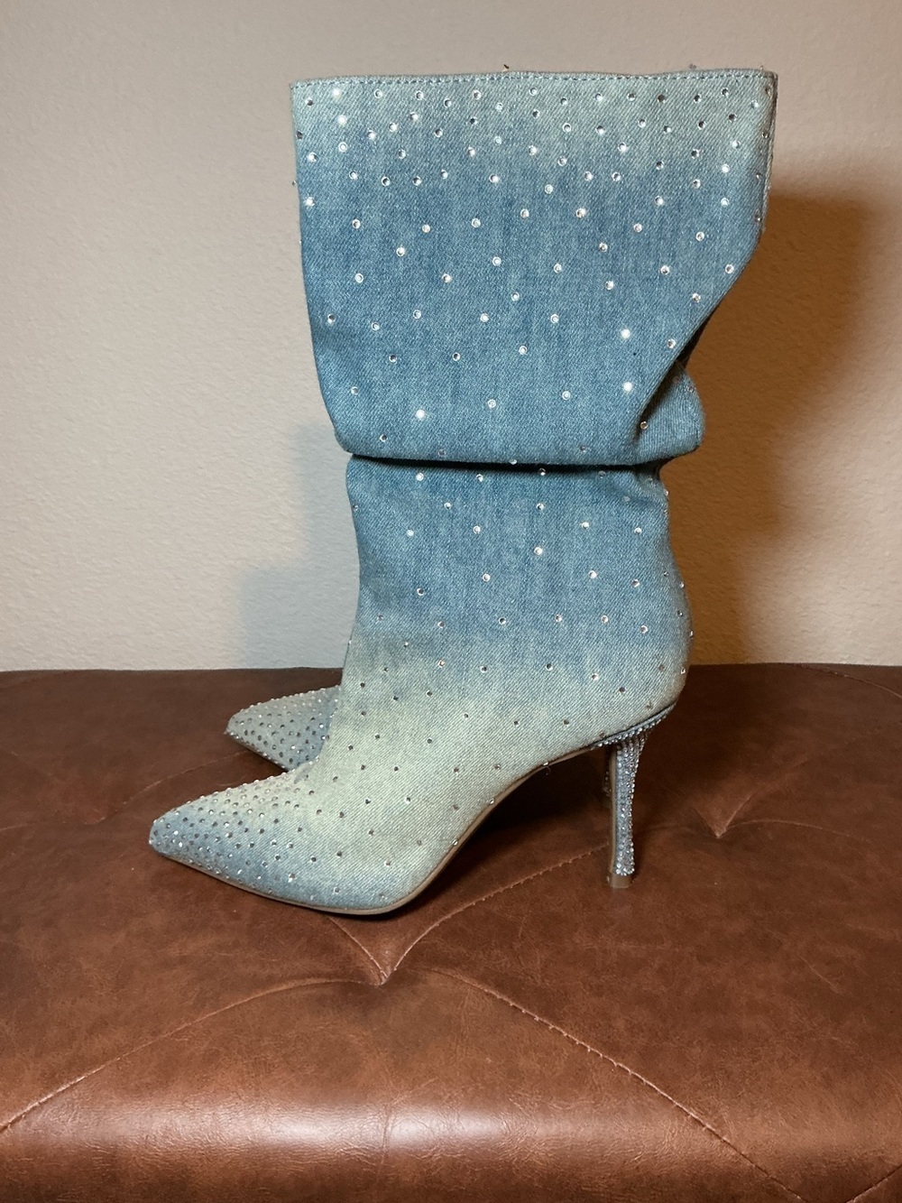 Embellished Gray Crystal Pointed Toe Stiletto Boot - Picture 4 of 8